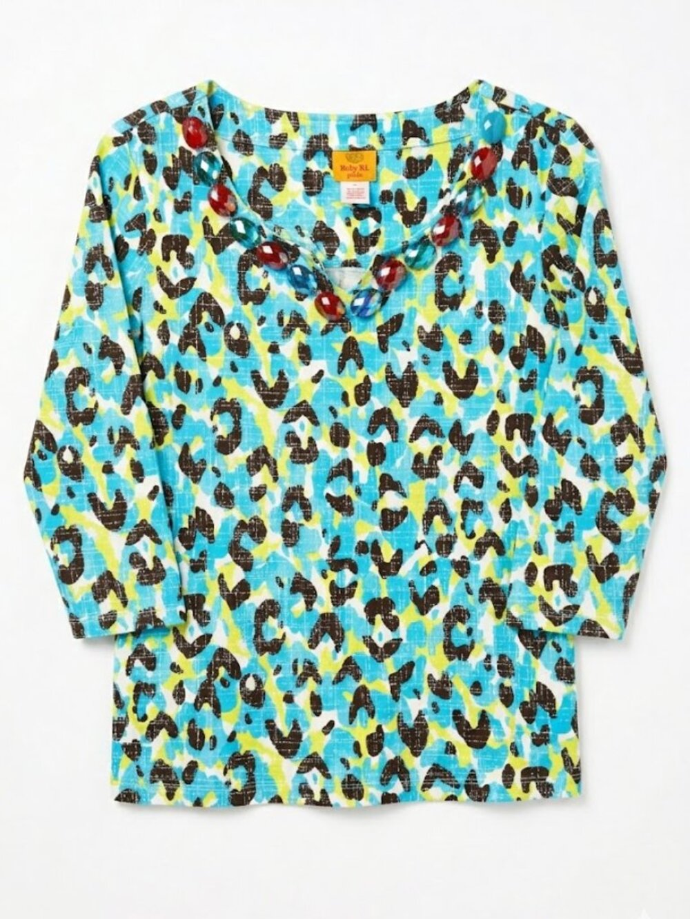 Ruby Rd Petite Large Top Blue Leopard Animal Print Beaded Faceted Stone Neck PL